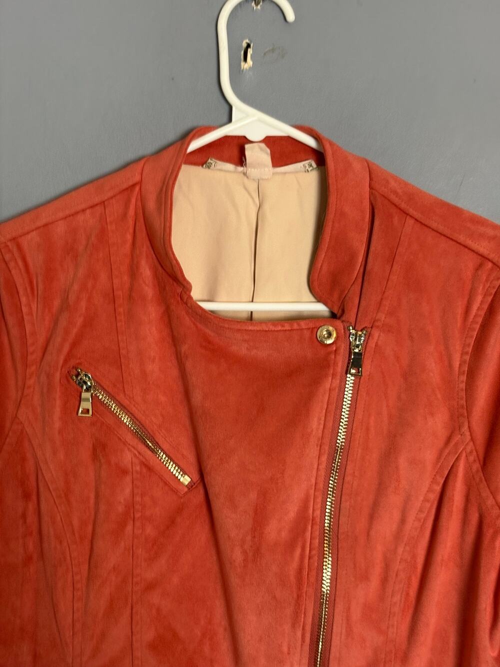 Chelsea & Violet Womens Coral Faux Suede Moto Jacket Size Large